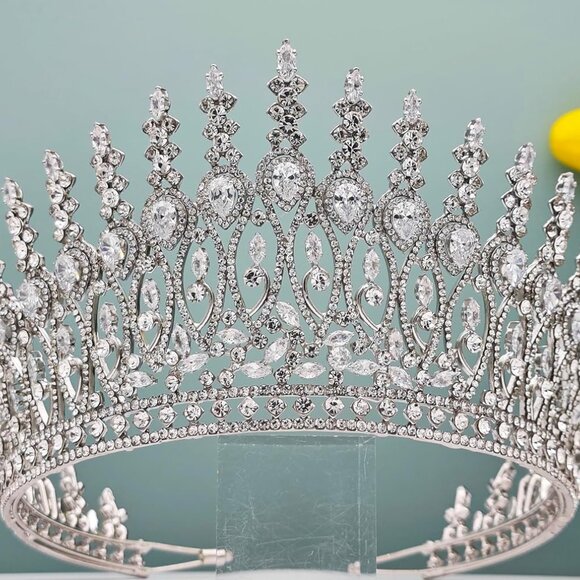 Tall Wedding Tiaras for Bride Large Queen Crowns 5A Cubic Zirconia Princess Brid - Picture 3 of 9